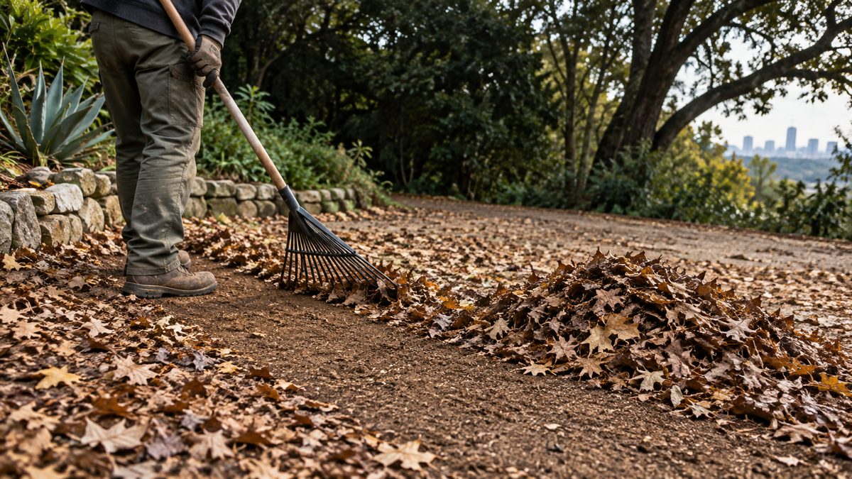 Leaves being raked from a weathered garden path into a collection pile.